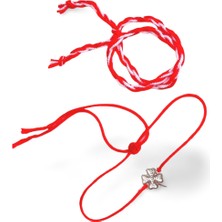 Marteniçka Kırmızı Ip Tasarım Şans Yoncası Zarif Kadın Ikili Gümüş Bileklik