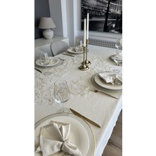 Decamor Home Keten Dokulu Gold Simli Dantel Runner Detaylı Masa Örtüsü (Peçetesiz)