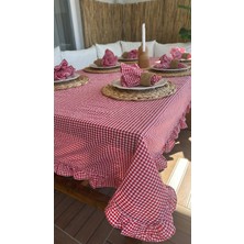 Decamor Home Thin Keten Kırmızı Pötikare Fırfırlı Masa Örtüsü (Peçetesiz)