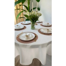 Decamor Home Keten Dokulu Sedefli Simli Beyaz Oval Masa Örtüsü (Peçete Dahil Değil)