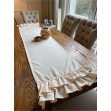 Decamor Home Kadife Dokulu Çift Kat Fırfırlı Uzun Dekoratif Ekru Runner