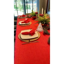 Decamor Home Keten Dokulu Simli Kırmızı Masa Örtüsü Yılbaşı Masası (Peçete Dahil Değil )