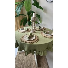 Decamor Home Kadife Dokulu Vintage Fıstık Yeşili Fırfırlı Yuvarlak Masa Örtüsü Dertsiz (Peçete Dahil Değil )