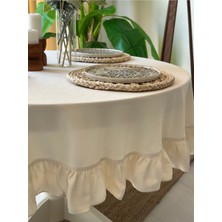 Decamor Home Kadife Dokulu Vintage Ekru Fırfırlı Yuvarlak Masa Örtüsü Dertsiz