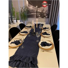 Decamor Home Kadife Dokulu Çift Kat Fırfırlı Vintage Lacivert Uzun Dekoratif Runner