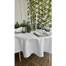 Decamor Home Keten Dokulu Gümüş Simli Beyaz Yuvarlak Masa Örtüsü (Peçete Dahil Değil )