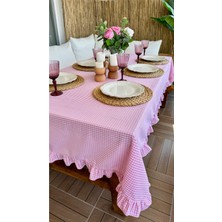 Decamor Home Keten Leke Tutmaz Pembe Pötikareli Fırfırlı Masa Örtüsü