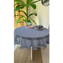 Decamor Home Thin Keten Kumaş Lacivert Mini Pötikareli Fırfırlı Yuvarlak Masa Örtüsü