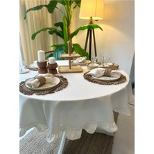 Decamor Home Pamuklu Kumaş Vintage Fırfırlı Ekru Yuvarlak Masa Örtüsü(Peçete Dahil Değil)
