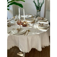Decamor Home Keten Dokulu Oval Masa Örtüsü Gold Simli Ekru Dantel Detaylı Oval Masa Örtüsü (Peçete Dahil Değil)