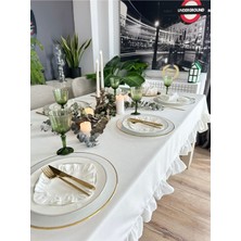 Decamor Home Dertsiz Kadife Dokulu Vintage Fırfırlı Beyaz Dikdörtgen Masa Örtüsü(Peçete Dahil Değil)