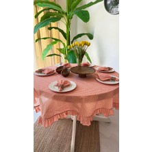 Decamor Home Thin Keten Kumaş Turuncu Mini Pötikareli Fırfırlı Yuvarlak Turuncu Masa Örtüsü (Peçete Dahil Değil)