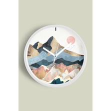 JHAAR Pastel Dağ Manzarası Modern Duvar Saati - Orta Boyut 25 cm - Beyaz Kasa - Camlı Sessiz