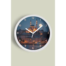 JHAAR İstanbul Boğazı Ve Cami Manzaralı Modern Duvar Saati - 25cm - Önü Camlı Beyaz Kasa