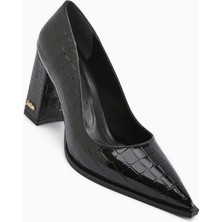 Limoya Lucy Siyah Kroko Kalın Topuklu Ayakkabı Kadın Stiletto