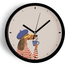 JHAAR Kahve İçen Fransız Tarzı Köpek İllüstrasyonu Modern Duvar Saati - 25cm - Önü Camlı Siyah Kasa