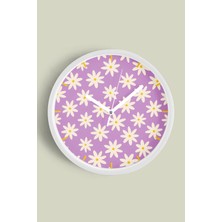 JHAAR Mor Zemin Papatyalar Modern Duvar Saati - Orta Boyut 25 cm - Beyaz Kasa - Camlı Sessiz