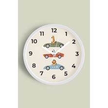 JHAAR Sevimli Arabalı Hayvanlar Çocuk Odası Duvar Saati - 25cm - Önü Camlı Beyaz Kasa