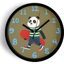 JHAAR Güneş Gözlüklü Kaykay Yapan Sevimli Panda Çocuk Odası Modern Duvar Saati - 42cm - Önü Camlı Siyah Kasa