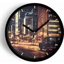 JHAAR Klasik Araba Ve Gece Şehir Modern Duvar Saati - 25cm - Önü Camlı Siyah Kasa