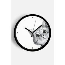 JHAAR Sevimli Kedi Modern Duvar Saati - Orta Boyut 25 cm - Siyah Kasa - Camlı Sessiz