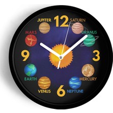 JHAAR Güneş ve Gezegenler Modern Tasarım Duvar Saati - 25CM - Önü Camlı Siyah Kasa - Sessiz Mekanizma