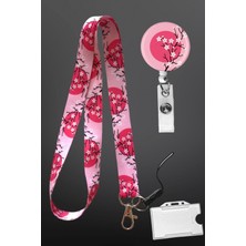 Stormistoretr Pembe Kiraz Çiçeği Desenli 3 Lü Set Boyun Ipi Yoyo Yaka Kartı