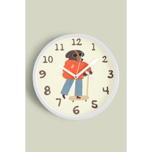 JHAAR Kaykay Yapan Köpek Çocuk Odası Modern Duvar Saati - 25cm - Önü Camlı Beyaz Kasa