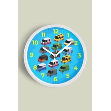 JHAAR Renkli Minibüs Çizimli Modern Çocuk Odası Duvar Saati - 25cm - Önü Camlı Beyaz Kasa