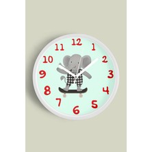 JHAAR Kaykay Yapan Sevimli Fil Modern Çocuk Odası Modern Duvar Saati - 25cm - Önü Camlı Beyaz Kasa