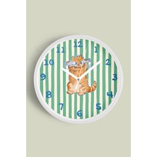 JHAAR Kedi Tasarım Modern Çocuk Odası Duvar Saati - 25CM - Önü Camlı Beyaz Kasa - Sessiz Mekanizma