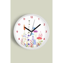 JHAAR Renkli Kır Çiçeği Bahçesi Modern Duvar Saati - Orta Boyut 25 cm - Beyaz Kasa - Camlı Sessiz