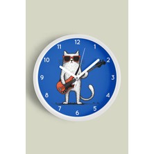 JHAAR Gitar Çalan Kedi Modern Duvar Saati - 25CM - Önü Camlı Beyaz Kasa - Sessiz Mekanizma