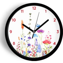 JHAAR Renkli Kır Çiçeği Bahçesi Modern Duvar Saati - Büyük XL 42 cm - Siyah Kasa - Camlı Sessiz