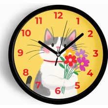 JHAAR Sevimli Kedi Çocuk Odası Modern Duvar Saati - Orta Boyut 25 cm - Siyah Kasa - Camlı Sessiz