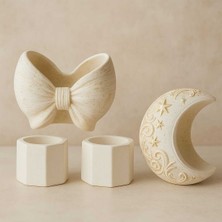 4'lü El Yapımı Dekoratif Saksı Seti - Handmade Taş Tozu Yaldızlı Mumluk Kalemlik Sukulent Seti Vazo