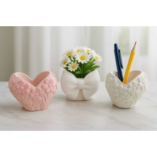 3'lü El Yapımı Kalp Tasarımlı Sukulent Saksı Seti - Handmade Taş Tozu Obje Mumluk Dekoratif Biblo