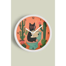 JHAAR Soyut Kedi Modern Tasarım Duvar Saati - 25cm - Önü Camlı Beyaz Kasa