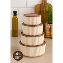 Bulut 4lü Çizgili Yuvarlak Saklama Kabı Seti Bej