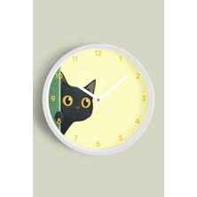 JHAAR Sevimli Siyah Kedi Modern Duvar Saati - 25cm - Önü Camlı Beyaz Kasa