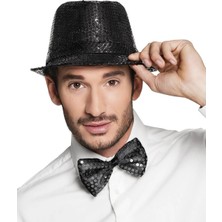 TE Dükkan Buğz Siyah Payetli Şapka ve Papyon Seti – Parıltılı Yetişkin Kostüm Seti