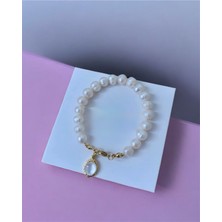 Taşmir Sertifikalı Gerçek Doğal Beyaz Inci Kadın Bileklik Çelik Bağlantı Aparatlı Altın Kaplama Sedef Charm 17 cm