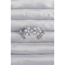 Shopwe Pirinç Gümüş Renk Zirkon Taşlı Kıvrımlı Inci Çiçek Küpe