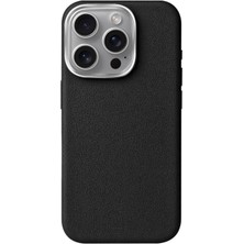 Leaf Shop iPhone 16 Pro Için Magsafe ile Uyumlu Çizilmeyen ve Parmak Izi Tutmayan Deri Görünümlü Metal Tuşlu ve Metal Lens Çerçeveli Hybrid Silikon Kılıf (Siyah, 16 Pro)