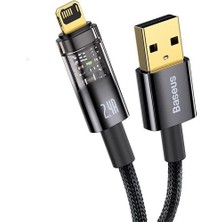 Tech Butiq Şeffaf Uçlu Iphone 45W USB Hızlı ve Dayanıklı Şarj ve Data Işıklı Örgü Kablo 1 Metre