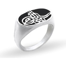 Oya Silver Oval Siyah Mine Üzeri Osmanlı Tuğrası Gümüş Erkek Yüzük