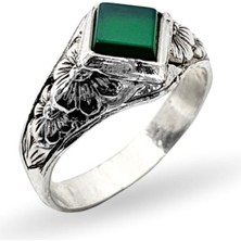 Oya Silver Çiçek Desenli Yeşil Akik Taşlı Gümüş Erkek Yüzük