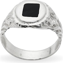 Oya Silver Yuvarlak Üzerine Dikdörtgen Mineli Gümüş Retro Erkek Yüzük