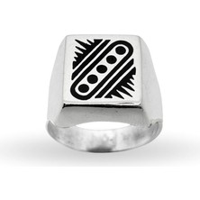 Oya Silver Dikdörtgen Motifli Parlak Gümüş Erkek Yüzük