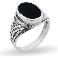 Oya Silver Kenarları Motifli Oval Mineli Gümüş Erkek Yüzük